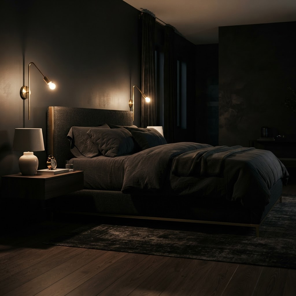 Dark, minimalist bedroom furnished with an Elaes Salde upholstered platform bed